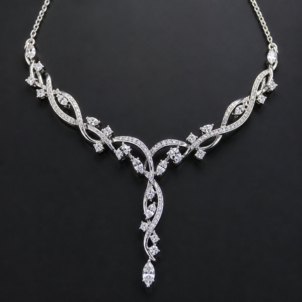 A women's necklace made of silver with diamond stones
photorealistic jewelry design, A women's necklace made of silver with diamond stones, modern style, just the design no text
