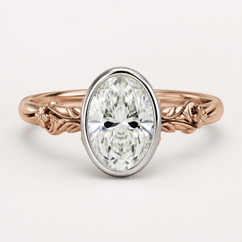 A women's ring. 10 ct oval 16x11mm
platinum bezel
no prongs
14k rose gold band
using the attached image as a visual reference, create A women's ring. 10 ct oval 16x11mm
platinum bezel
no prongs
14k rose gold band. photorealistic, just the design no text
