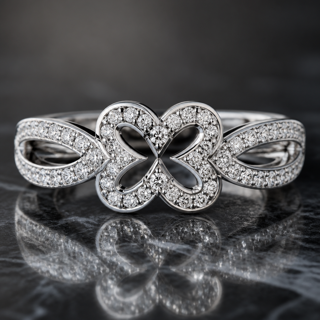 A women's ring. one of a kind custom infinite love wedding rings where two hearts meet in the center of infinite love shrouded In an array of diamonds
photorealistic jewelry design, A women's ring. one of a kind custom infinite love wedding rings where two hearts meet in the center of infinite love shrouded In an array of diamonds, modern style, just the design no text