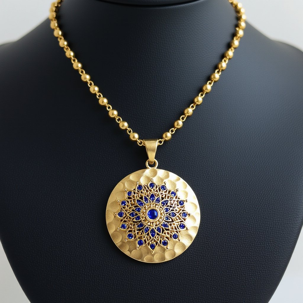 Кулон на длинной цепочке. Матовое светлое золото. В цепочке небольшие золотые шарики и синие камушки и жемчуга. Кулон в форме неровного мятого круга. На круге изображена мандала украшена узорами и мелкими камушками 