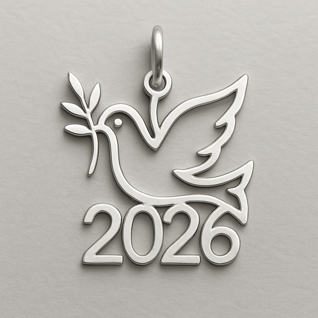 Silver minimal cut-out abstract charm blending together the pigeon of peace hold an olive branch along the year 2026