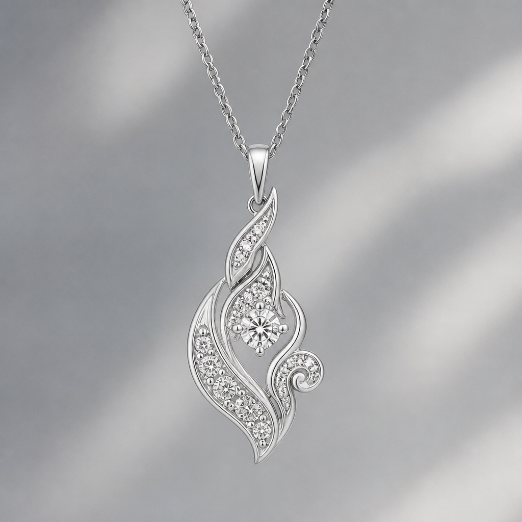 A modern women's pendant made of white gold with diamond stones suitable for daily wear. ใช้ลายไทยเป็นส่วนประกอบ, cost 10,000฿
photorealistic jewelry design, A modern women's pendant made of white gold with diamond stones suitable for daily wear. ใช้ลายไทยเป็นส่วนประกอบ, cost 10,000฿, modern style, just the design no text
