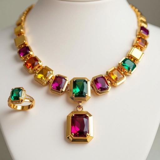 Necklace and ring and earring with luxury colorful jewel with gold