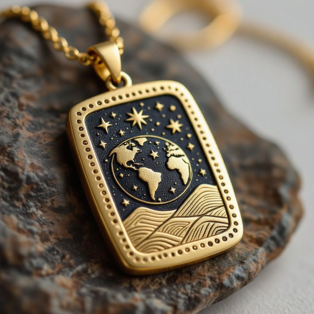 Золотой матовый медальон в форме неровного прямоугольника с округлыми краями. По краям выпуклые точки сплошной линией. На прямоугольнике разные мелкие узоры вырезаны. Символически изображена земля и звезды