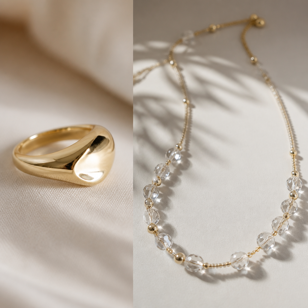 A women's ring made of gold suitable for daily wear. a necklace made from wire, seed beads and crystal beads for wearing everyday. elegant yet makes a bold statement
photorealistic jewelry design, A women's ring made of gold suitable for daily wear. a necklace made from wire, seed beads and crystal beads for wearing everyday. elegant yet makes a bold statement, modern style, just the design no text
