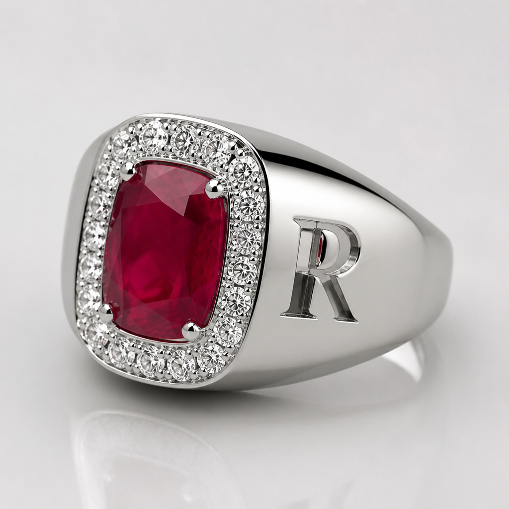 I want a ring woth a ruby stone inside of it
Framed with a diamond clor zirconia
At the side of the ring i want the letter R
photorealistic jewelry design, I want a ring woth a ruby stone inside of it
Framed with a diamond clor zirconia
At the side of the ring i want the letter R
, modern style, just the design no text