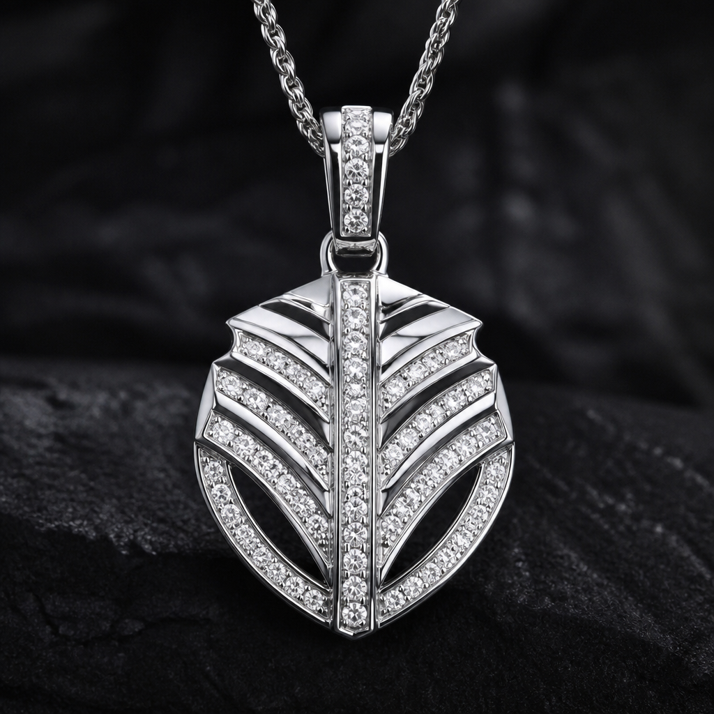 A luxury men's pendant made of silver with diamond stones suitable for daily wear
photorealistic jewelry design, A luxury men's pendant made of silver with diamond stones suitable for daily wear, luxury style, just the design no text