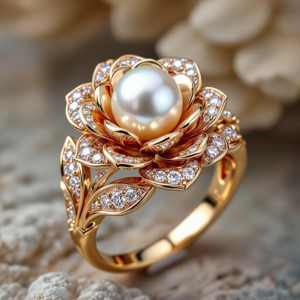 golden ring with peral sorrounded by diamonds inside a rose with leaves 