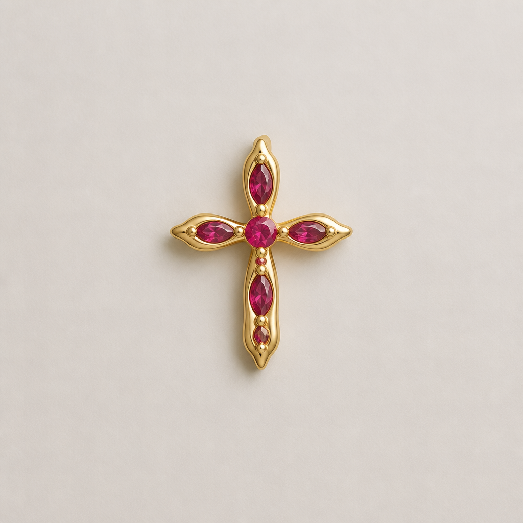 Dainty and feminine Gold cross with rubies, majority gold . Hidden bail
photorealistic jewelry design, Dainty and feminine Gold cross with rubies, majority gold . Hidden bail, minimalist style, just the design no text