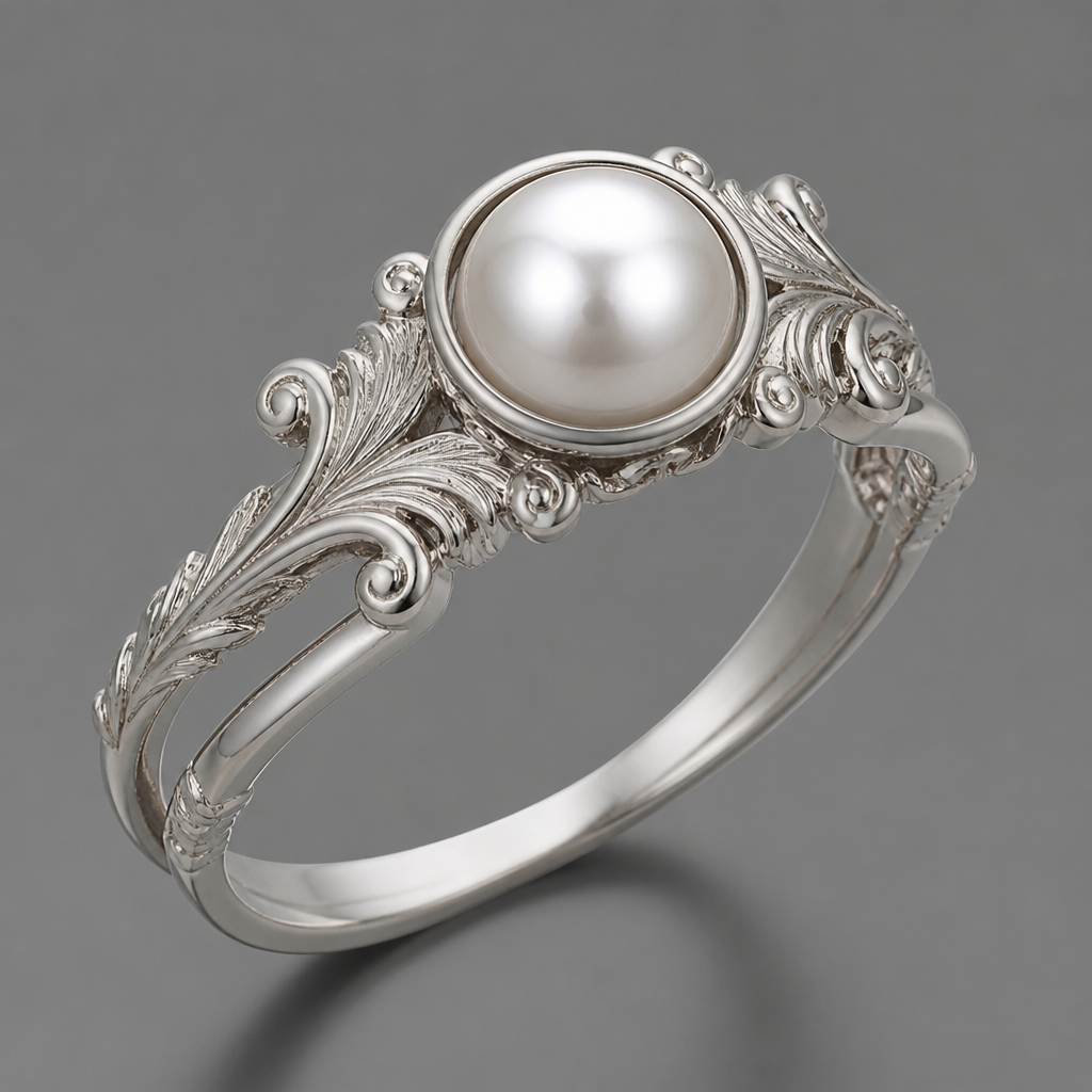 A baroque women's ring made of white gold with pearl stones suitable for formal, detailed and decorative, moderately ornate. Um anel barroco de ouro branco com uma pérola cravejada no estilo bisel, o anel terá dois aros que na parte contrária a pérola se tornam um e quanto mais perto da pérola, mais afastado são
photorealistic jewelry design, A baroque women's ring made of white gold with pearl stones suitable for formal, detailed and decorative, moderately ornate. Um anel barroco de ouro branco com uma pérola cravejada no estilo bisel, o anel terá dois aros que na parte contrária a pérola se tornam um e quanto mais perto da pérola, mais afastado são, baroque style, just the design no text