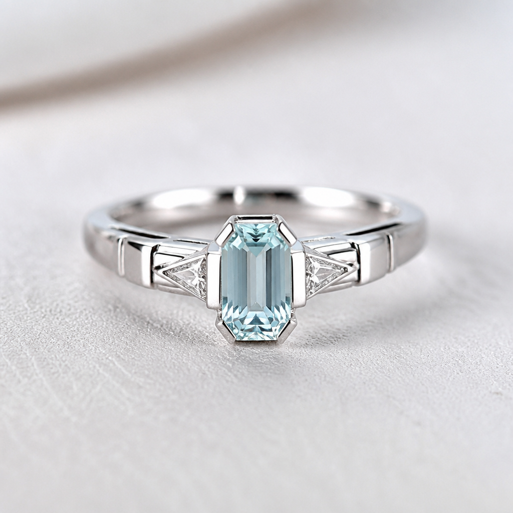 A art deco women's ring made of silver with aquamarine stones suitable for daily wear, minimalist, simple and delicate, clean lines
photorealistic jewelry design, A art deco women's ring made of silver with aquamarine stones suitable for daily wear, minimalist, simple and delicate, clean lines, art_deco style, just the design no text