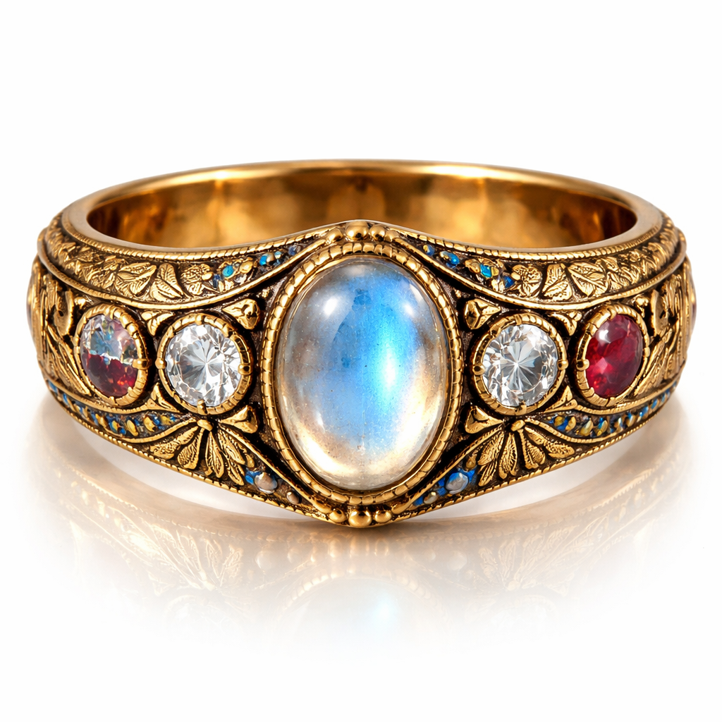 A golden band with a beautiful glittering moonstone in the middle Two old, mine diamonds, and two Burmese rubies on the side and beautiful Egyptian designs
A golden band with a beautiful glittering moonstone in the middle Two old, mine diamonds, and two Burmese rubies on the side and beautiful Egyptian designs, egyptian style