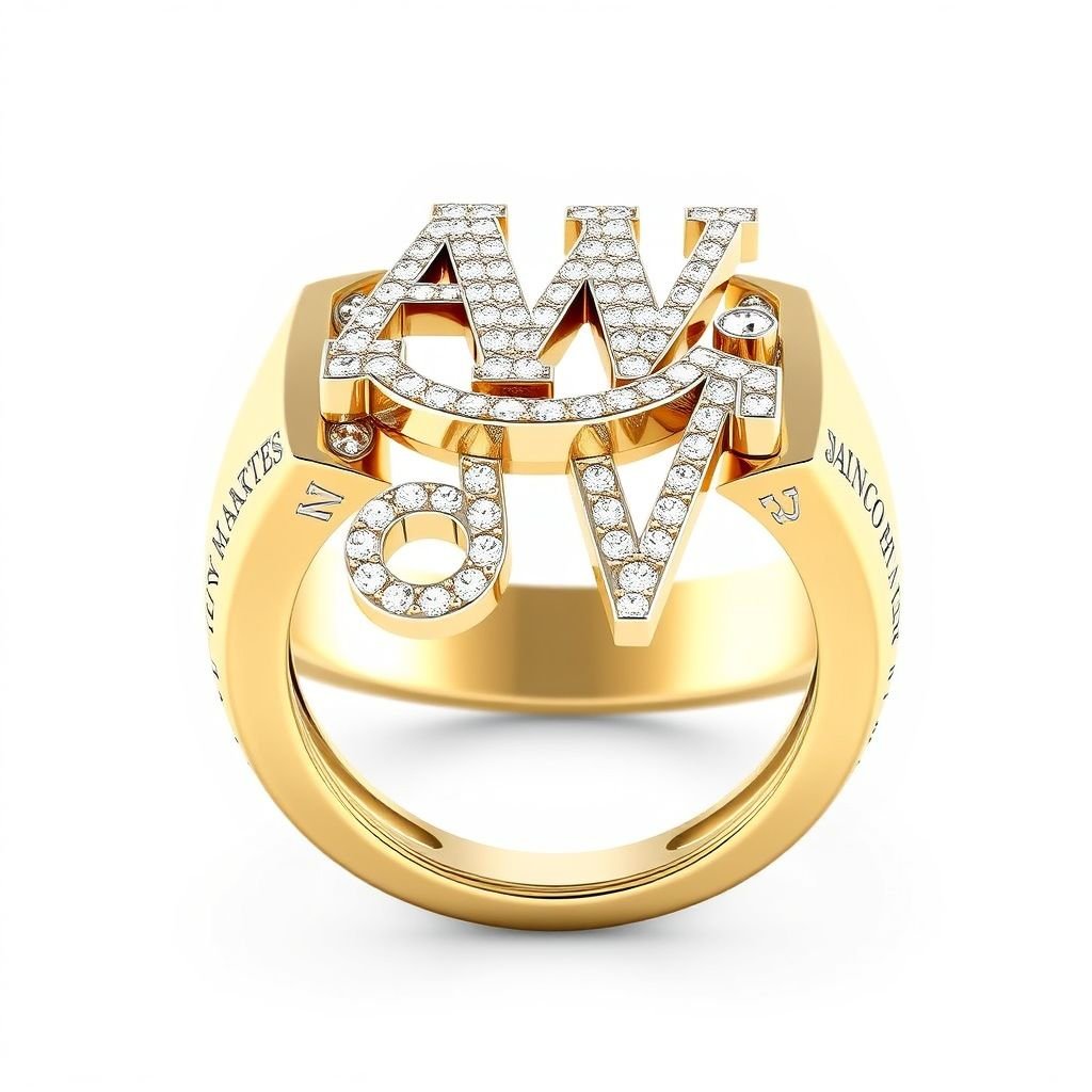 Big AW in the middle at the top small writing always at the bottom small writing working at one side of the ring always on the other side of the ring Wing ring in a circular square big and bulky fully ice that diamonds in gold and white gold mix