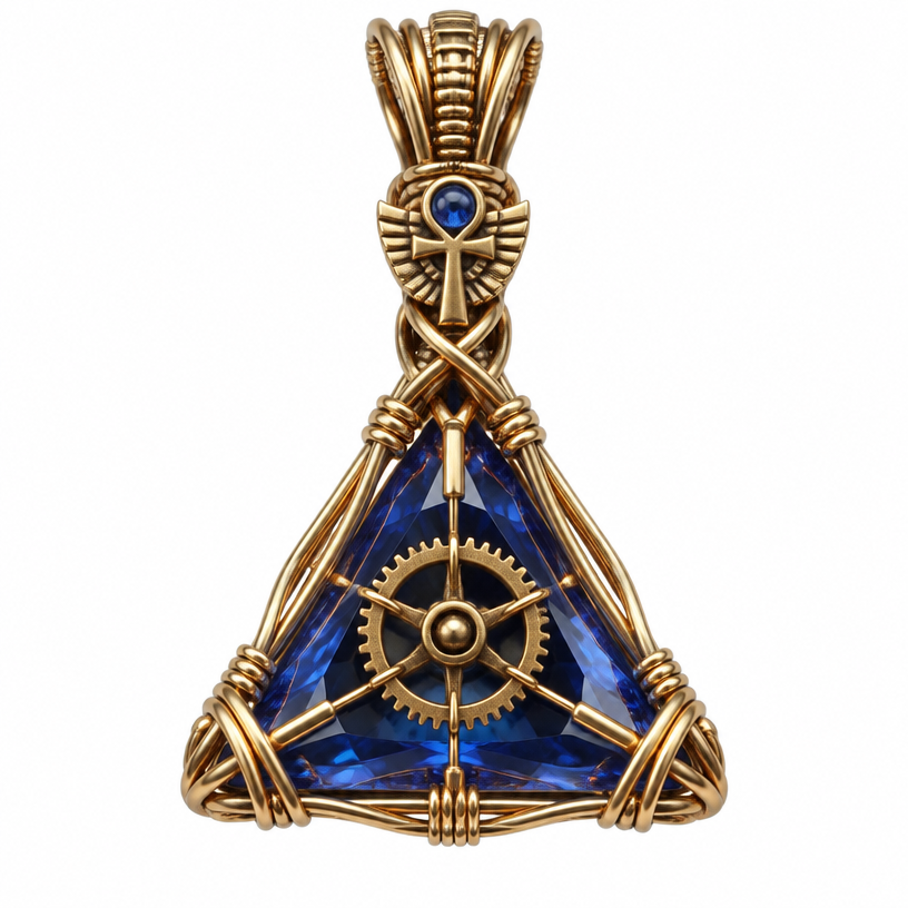 A wire-wrapped women's pendant. triangle sapphire wrapped in a pyramid shape with a wire wrapped up Egyptian style with a gear in the center of the sapphire
using the attached image as a visual reference, create A wire-wrapped women's pendant. triangle sapphire wrapped in a pyramid shape with a wire wrapped up Egyptian style with a gear in the center of the sapphire. photorealistic, just the design no text