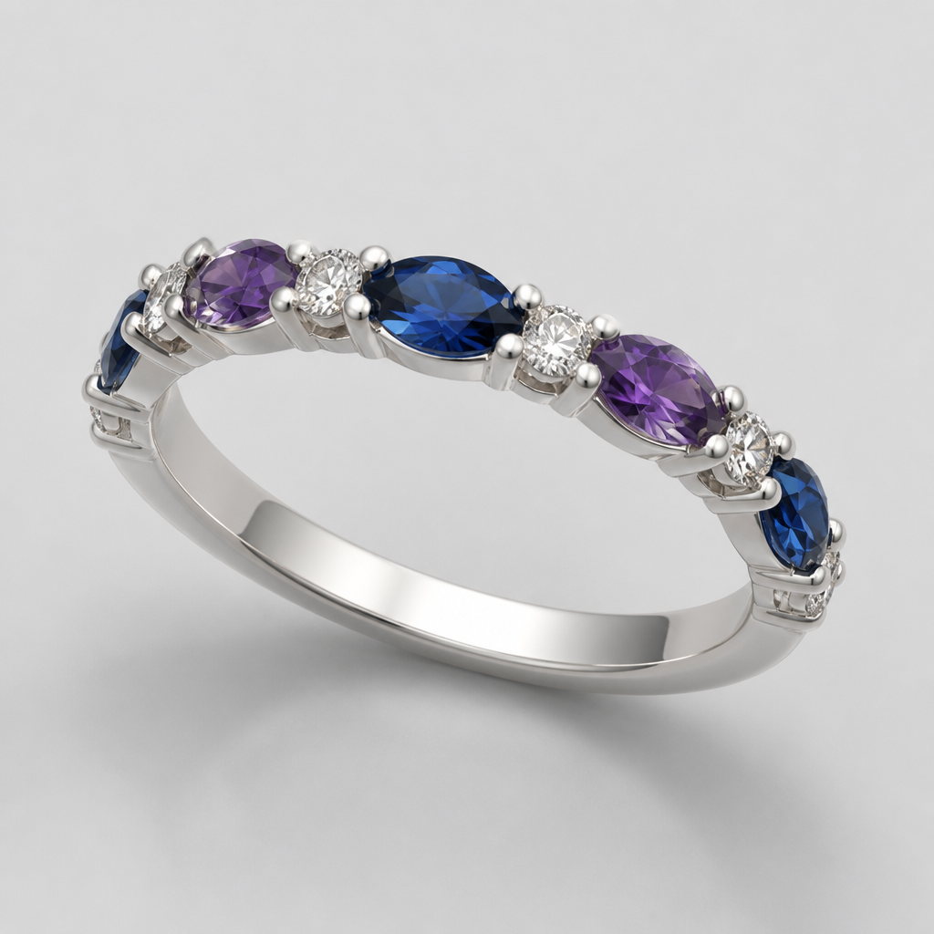 Silver band ring with blue and purple gems
photorealistic jewelry design, Silver band ring with blue and purple gems , just the design no text