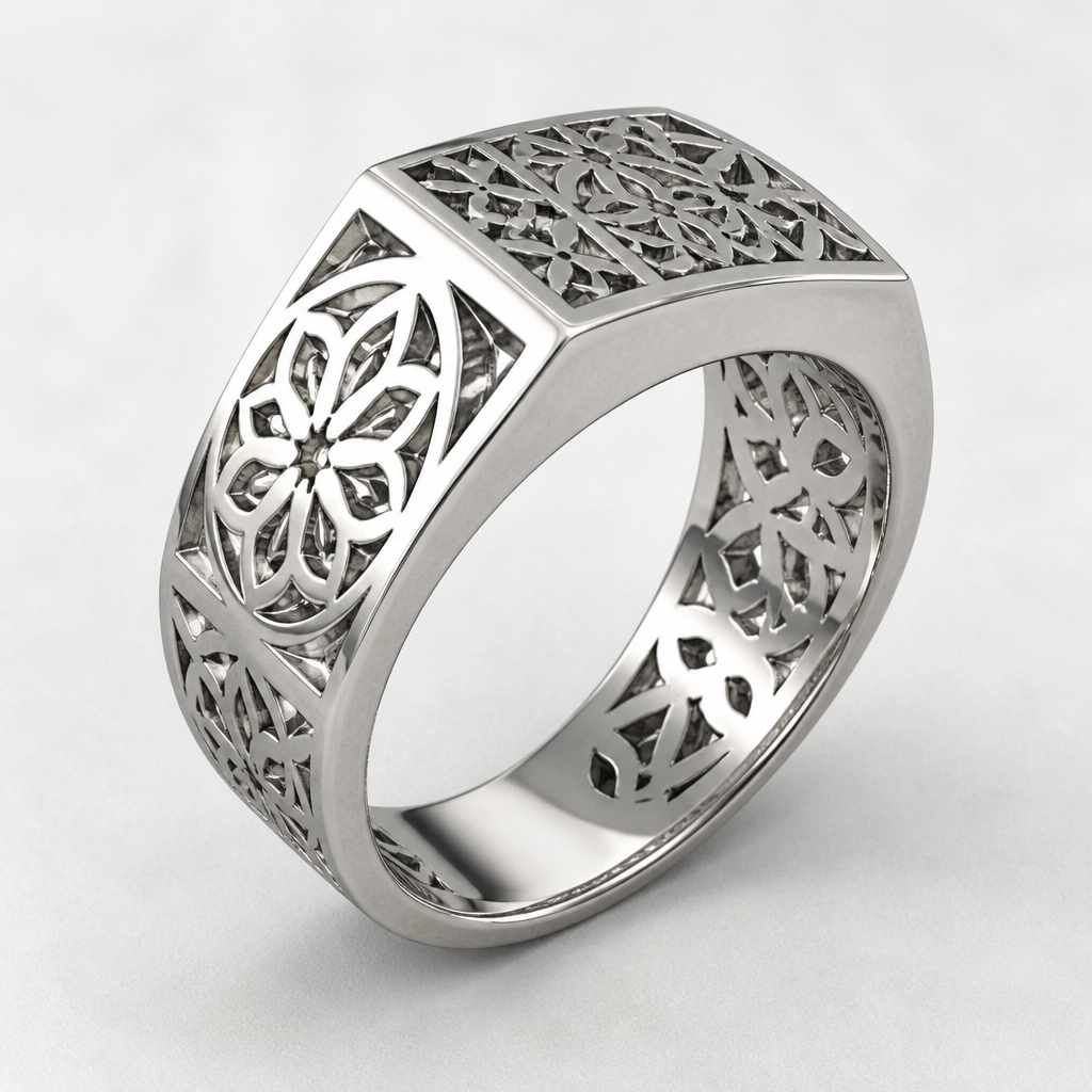 Un anello con la parte superiore che ha tre facce piatte e squadrate, ad abbracciare il dito. Sulle facce, un motivo simil mandala, segato dalla carne dell’anello. All’interno l’anello è cavo
photorealistic jewelry design, Un anello con la parte superiore che ha tre facce piatte e squadrate, ad abbracciare il dito. Sulle facce, un motivo simil mandala, segato dalla carne dell’anello. All’interno l’anello è cavo, silver style, just the design no text