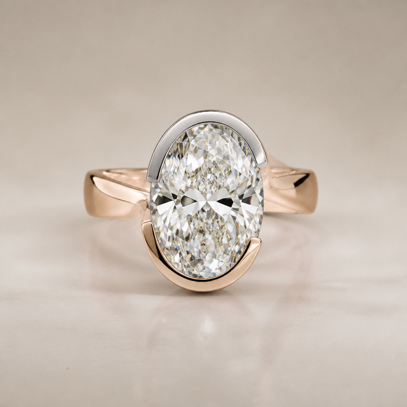A women's ring. with a 10 ct oval
platinum half bezel like picture
rose gold band
using the attached image as a visual reference, create A women's ring. with a 10 ct oval
platinum half bezel like picture
rose gold band. photorealistic, just the design no text