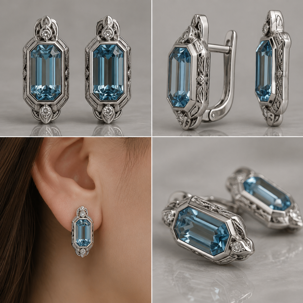 A minimalist women's earrings made of silver with topaz stones suitable for daily wear, highly ornate, intricate and elaborate, richly detailed. серебро 925 , серьги к кольцу размер октагона 10 на 5. Серьга должна быть сидячей на кшке, крючок занижен, английский замок. Закрепка камня вглухую, в каст
photorealistic jewelry design, A minimalist women's earrings made of silver with topaz stones suitable for daily wear, highly ornate, intricate and elaborate, richly detailed. серебро 925 , серьги к кольцу размер октагона 10 на 5. Серьга должна быть сидячей на кшке, крючок занижен, английский замок. Закрепка камня вглухую, в каст, minimalist style, just the design no text