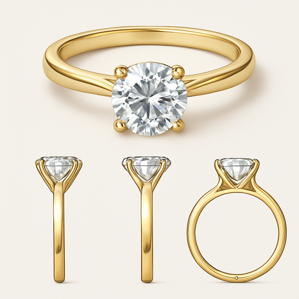 Classic diamond ring design, high-definition final product rendering showcasing the overall appearance of the ring, with a round-cut diamond set in the center, sparkling facets of the diamond. Detailed breakdown illustration displaying the ring's structure, including prong settings, band design, and inner band engravings. Gold band material with fine polished finish, demonstrating the ring's luxury and delicacy.
