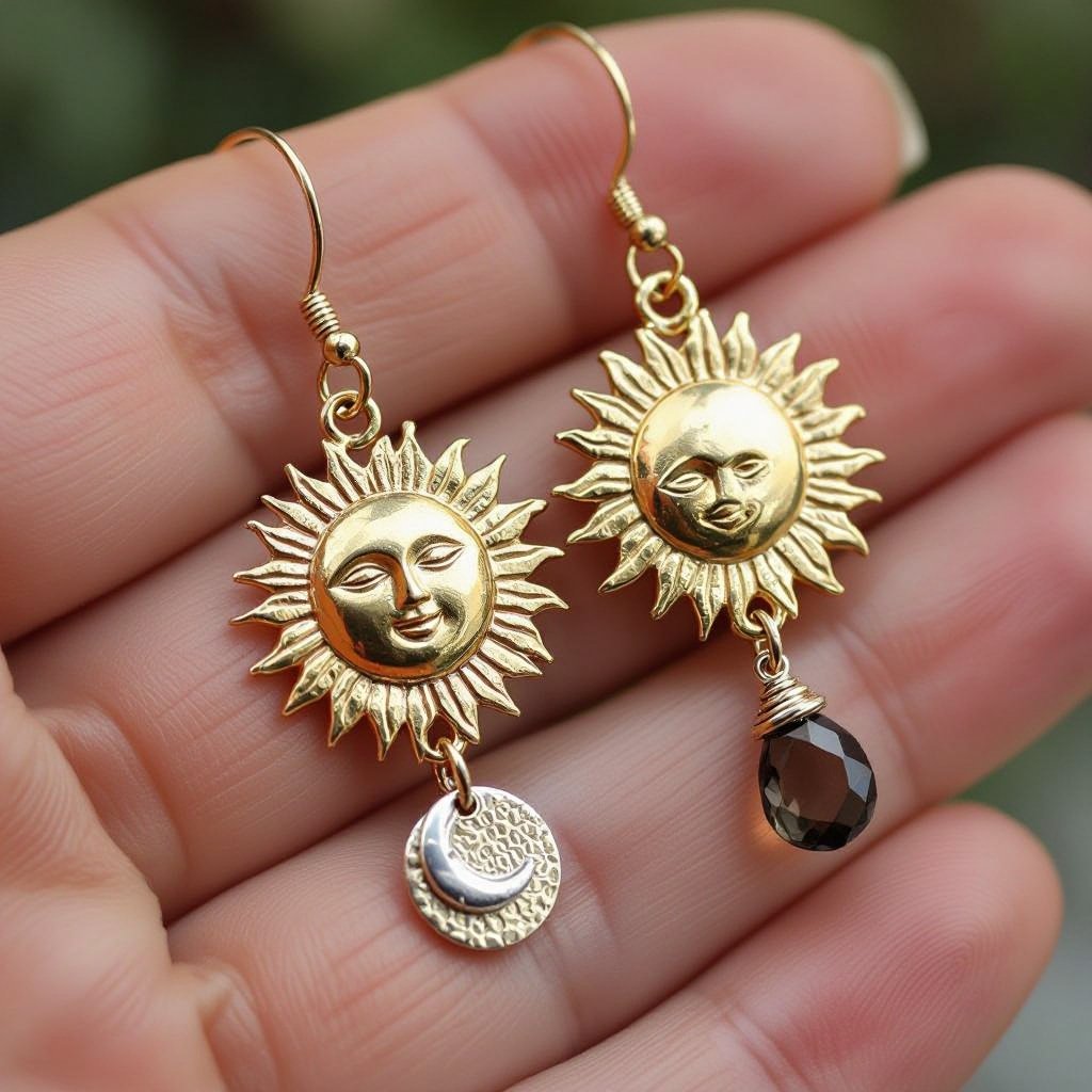 Золотые серьги словно мятое золото в форме солнца с волнистыми лучами крепится к застежке серьги. К нижней части солнца крепятся подвески: миниатюрный серебристая луна, очень маленький кристалл раухтопаза и маленький золотой кружочек с мятым эффектом плоский