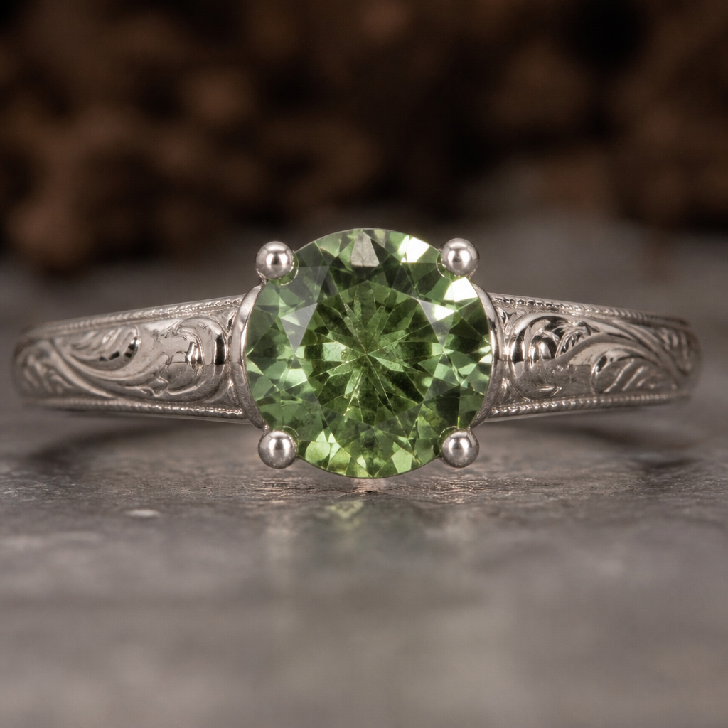 delicate silver banned ring with deisgns etched around the band, with a 4 carat demantoid garnet in the middle, with a visible horsetail inclusion. four small prongs holding the round cut gem..
photorealistic jewelry design, delicate silver banned ring with deisgns etched around the band, with a 4 carat demantoid garnet in the middle, with a visible horsetail inclusion. four small prongs holding the round cut gem.., georgian style, just the design no text