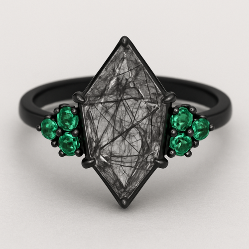 Black band, kite cut tourmalated quartz, emerald accent stones 3 on each side in a cluster 