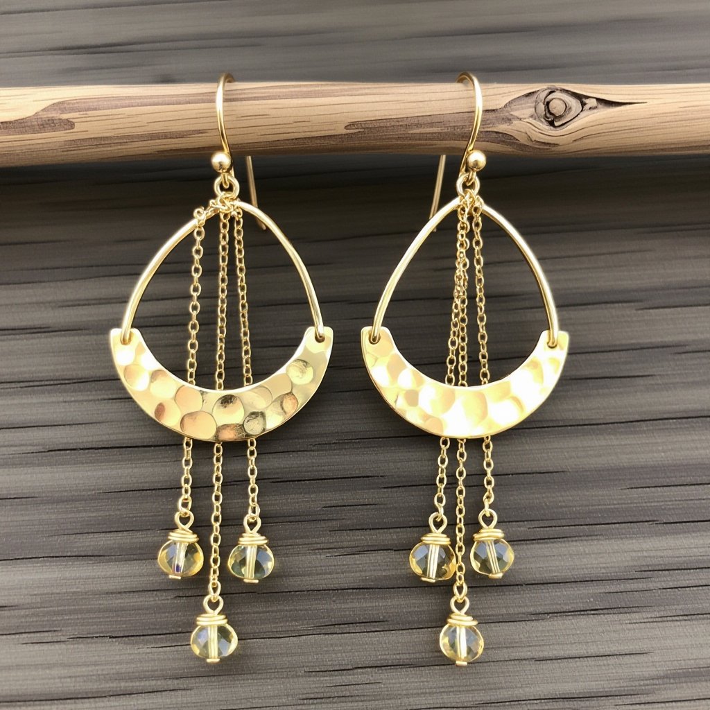 Золотые серьги словно мятое золото в форме узкого изящного полумесяца. Верхушка полумесяца крепится к застежке серьги.  От полумесяца идет три цепочки, у каждой на конце мелкий камушек цитрин
