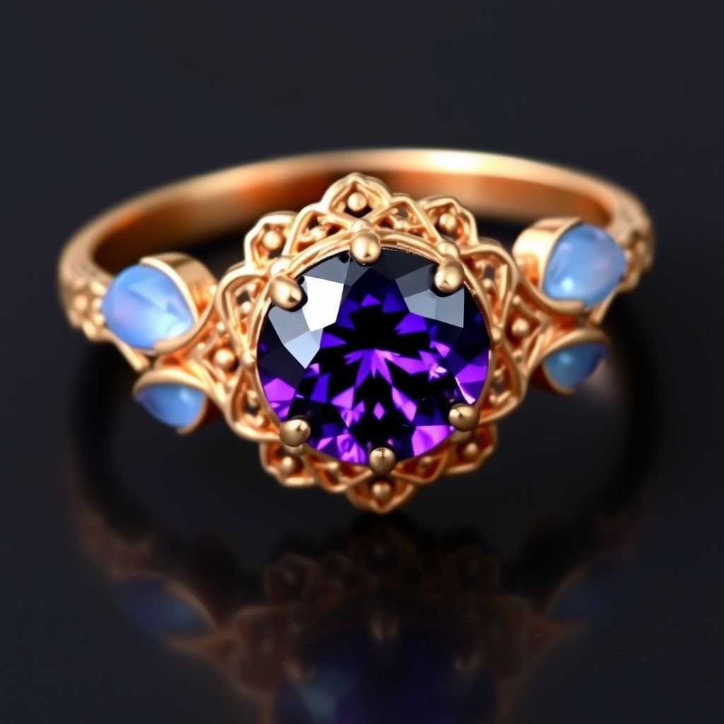 A simple, three stone 18 karat rose gold engagement ring set with a circular purple alexandrite. Also set with a small half moon cut blue chalcedony on one side right next to it, and a small half moon cut moonstone set on the other side right next to it. On the inside of the band, it has an inscription reading, “Tuum. Et in hac vita et in altera.”