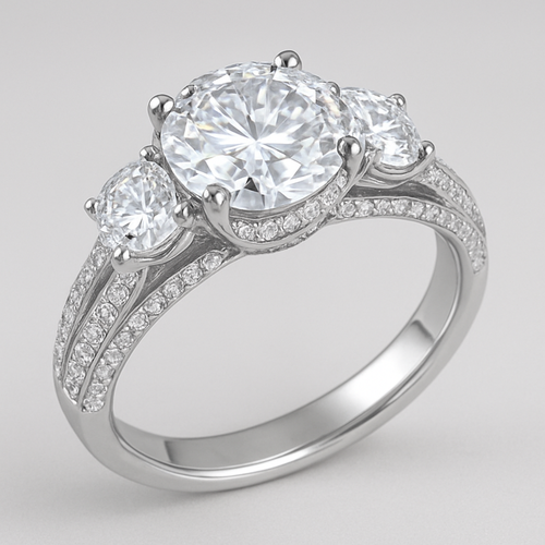 Elegant platinum 4 carat tw 3 stone ring with  hidden halo and pave split band