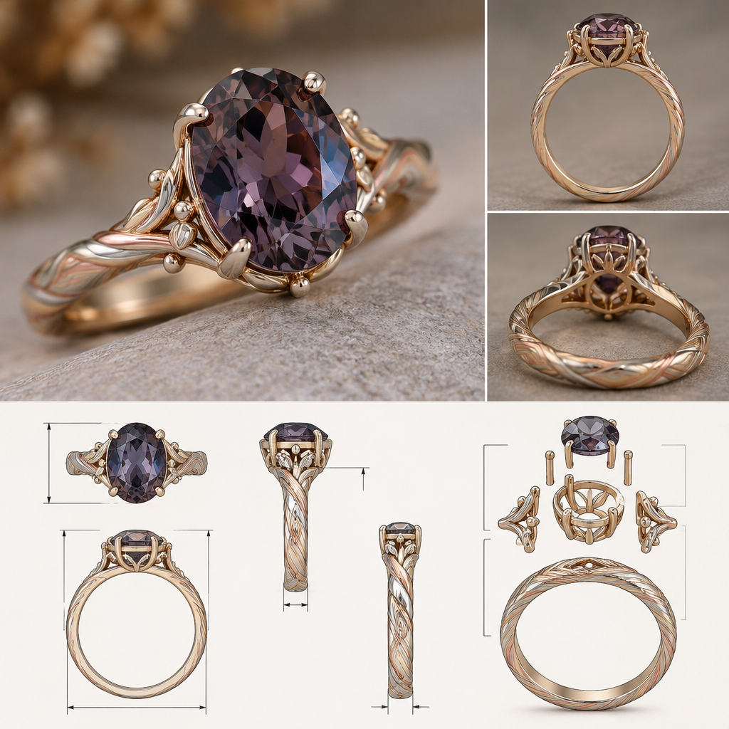 A contemporary women's ring made of silver, highly ornate, intricate and elaborate, richly detailed. i would like a ring with a deep dark mauve with blueish reflection oval spinel mounted something feminin and also a tiny bit rustic simplistic and durable also elegant and stylish the shank would be 3 colors silver gold and rose gold in a mokume gane style simple twist with a bascket style mount for the gem
i would like to see a photo reealistic rendering of the piece and also a sketch with detailed measurment and assembling plan
photorealistic jewelry design, A contemporary women's ring made of silver, highly ornate, intricate and elaborate, richly detailed. i would like a ring with a deep dark mauve with blueish reflection oval spinel mounted something feminin and also a tiny bit rustic simplistic and durable also elegant and stylish the shank would be 3 colors silver gold and rose gold in a mokume gane style simple twist with a bascket style mount for the gem
i would like to see a photo reealistic rendering of the piece and also a sketch with detailed measurment and assembling plan, contemporary style, just the design no text