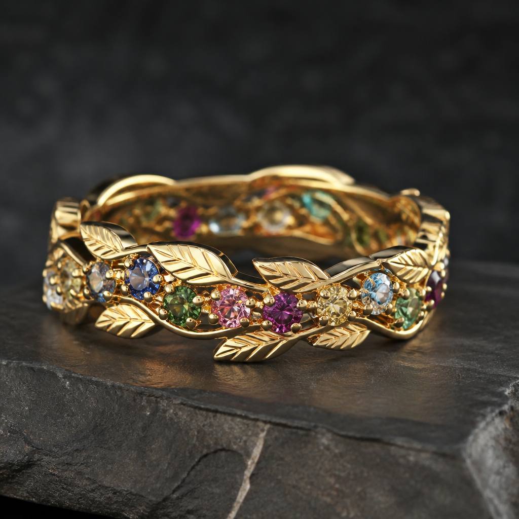 Leaves band with multicolored stones/diamonds going around in between.
photorealistic jewelry design, Leaves band with multicolored stones/diamonds going around in between. , fantasy style, just the design no text