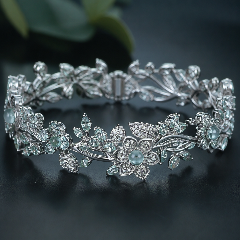 A asian-inspired women's bracelet made of white gold with aquamarine stones suitable for formal, highly ornate, intricate and elaborate, richly detailed. delicado y sencillo
photorealistic jewelry design, A asian-inspired women's bracelet made of white gold with aquamarine stones suitable for formal, highly ornate, intricate and elaborate, richly detailed. delicado y sencillo, asian_inspired style, just the design no text