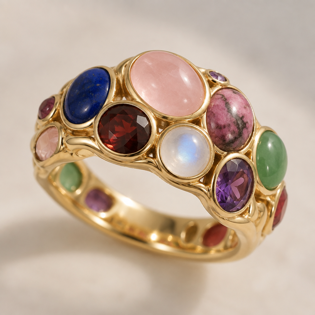 A women's ring. colorful wedding ring with love gems like rose quartz, rhodonite, lapis lazuli, garnet, moonstone, green aventurine, and amethyst.
photorealistic jewelry design, A women's ring. colorful wedding ring with love gems like rose quartz, rhodonite, lapis lazuli, garnet, moonstone, green aventurine, and amethyst., modern style, just the design no text