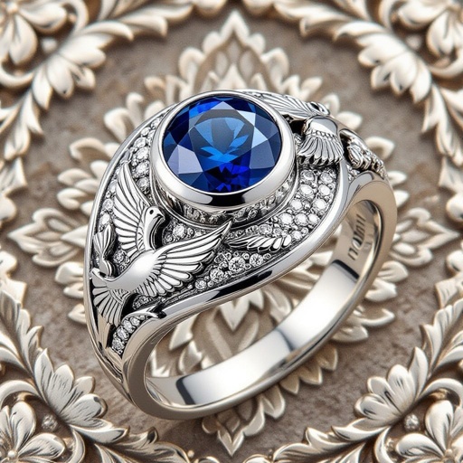 Base & Material: • Platinum band with a matte / brushed finish. • Subtle antique texture, to look hand-crafted and premium. • Band slightly wider and heavier than the woman’s ring (masculine proportion). 	•	Center Stone & Moon Design: • Round deep blue sapphire (brilliant cut). • A crescent moon encircling the sapphire, hugging the stone (integrated into the band). • The moon should be bold but elegant, with smooth curves and polished contrast against the matte platinum. 	•	Side Motifs: • On each side of the band: a dove motif, but designed in a stylized / semi-abstract way → should not look like a literal bird, but more like flowing lines or a symbolic outline (inspired by Persian / Sassanid motifs). • Dove form should suggest movement or flight, subtle and sophisticated. 	•	Lotus Flower (Closed): • A closed lotus bud incorporated below or beside the dove motif. • Petals tight and clearly distinct from the open lotus of the woman’s ring. • Sculpted in high relief, symbolizing complementarity with the open lotus. 	•	Details & Finish: • Relief carvings and engravings should be crisp, with depth. • Matte/brushed platinum texture enhanced by polished highlights on the moon and sapphire setting. • Lighting: cinematic jewelry photography style with strong contrast to emphasize the sapphire’s glow and the moon’s curve. • Hyper-realistic render with shallow depth of field, focusing on sapphire, moon, and symbolic motifs.  Keywords: Luxury Persian men’s ring, platinum, sapphire, crescent moon, symbolic dove, closed lotus bud, high relief carving, antique matte finish, photorealistic, cinematic lighting, handcrafted. 