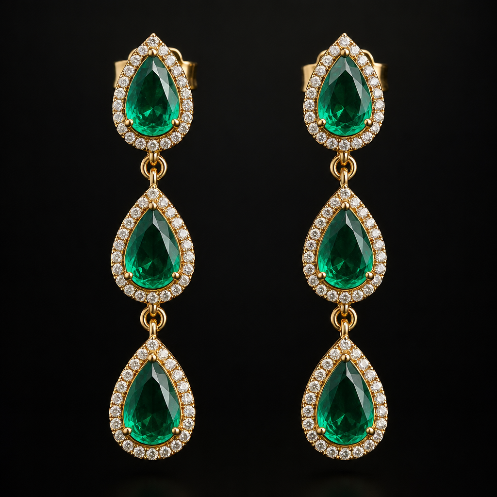 earrings with 3 emerald drop shape hanging
photorealistic jewelry design, earrings with 3 emerald drop shape hanging , luxury style, just the design no text