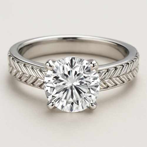 Herringbone baguette band with a 2ct solitaire center diamond 