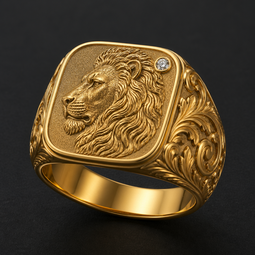 A luxury women's ring made of gold with diamond stones suitable for formal. Concave engraving of a lion motif
A diamond in the upper right corner
Acanthus leaves on the sides of the ring
Girdle dimensions: 14.5 x 14.4
Side width: 16 - 9.5 mm
Finger size: 22
Engraving inside: Barbara and Kamil, my strength
photorealistic jewelry design, A luxury women's ring made of gold with diamond stones suitable for formal. Concave engraving of a lion motif
A diamond in the upper right corner
Acanthus leaves on the sides of the ring
Girdle dimensions: 14.5 x 14.4
Side width: 16 - 9.5 mm
Finger size: 22
Engraving inside: Barbara and Kamil, my strength, luxury style, just the design no text