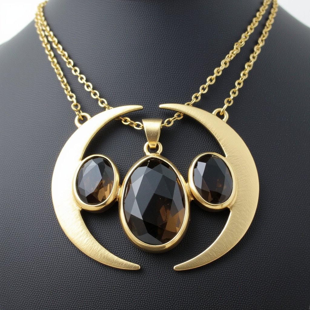 Подвеска из трех полумесяцев с узорами и камнями раухтопаза из матового неровного светлого золота с узорами соединенных цепочкой сверху самый широкий полукруг дальше средний и снизу самый маленький