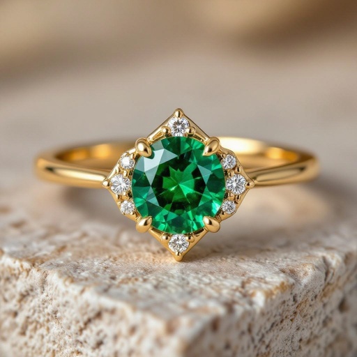 Anillo en oro con esmeralda trapiche redonda y 6 diamantes al rededor que tibuje un hexágono en el metal