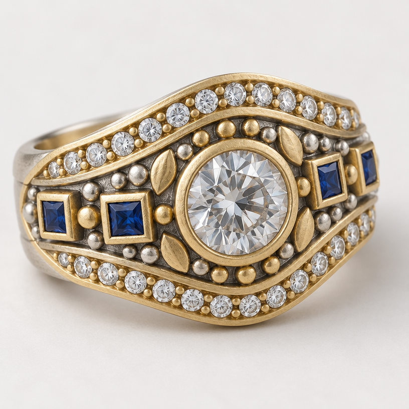 A bohemian women's ring made of mixed metal with diamond and sapphire stones. design ring using 33 .10 carat diamonds, 7 .10 carat square sapphires, and one 1.0 carat round diamond. metals should be white and yellow gold with a matte finish. do not cluster gems.
using the attached image as a visual reference, create A bohemian women's ring made of mixed metal with diamond and sapphire stones. design ring using 33 .10 carat diamonds, 7 .10 carat square sapphires, and one 1.0 carat round diamond. metals should be white and yellow gold with a matte finish. do not cluster gems.. photorealistic, just the design no text