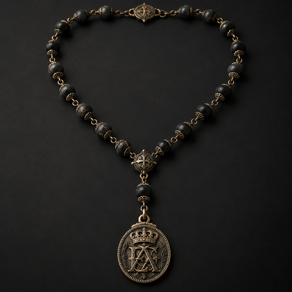 A medieval men's necklace. A rosary design without a cross at the hanging point; instead, feature a medallion with two joined initials—"EA"—surmounted by a royal crown.
photorealistic jewelry design, A medieval men's necklace. A rosary design without a cross at the hanging point; instead, feature a medallion with two joined initials—"EA"—surmounted by a royal crown., medieval style, just the design no text