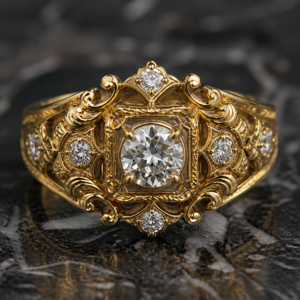 A renaissance men's ring made of gold with diamond stones
photorealistic jewelry design, A renaissance men's ring made of gold with diamond stones, renaissance style, just the design no text