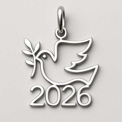 Silver minimal cut-out abstract charm blending together the pigeon of peace hold an olive branch along the year 2026