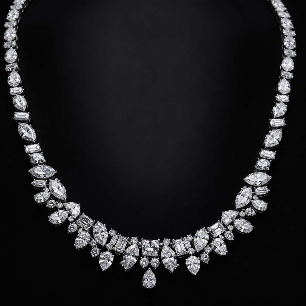 Various shape melee diamonds in necklace
photorealistic jewelry design, Various shape melee diamonds in necklace, classic style, just the design no text