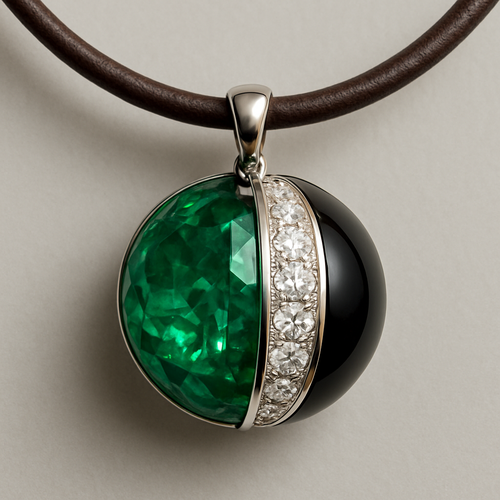 a necklace on leather strap with 3d ball that has  big slices emerald, black and diamonds white gold setting 