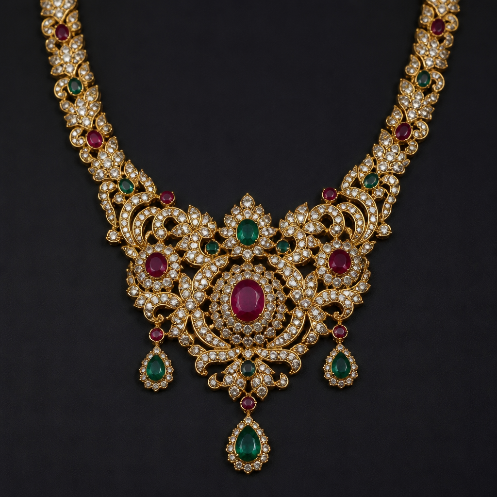 A classic women's necklace made of gold with diamond and ruby and emerald stones, highly ornate, intricate and elaborate, richly detailed
photorealistic jewelry design, A classic women's necklace made of gold with diamond and ruby and emerald stones, highly ornate, intricate and elaborate, richly detailed, classic style, just the design no text