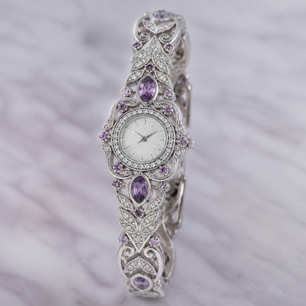 A silver women's watch made of gold with amethyst stones suitable for daily wear, highly ornate, intricate and elaborate, richly detailed. delicado y sencillo
photorealistic jewelry design, A silver women's watch made of gold with amethyst stones suitable for daily wear, highly ornate, intricate and elaborate, richly detailed. delicado y sencillo, silver style, just the design no text