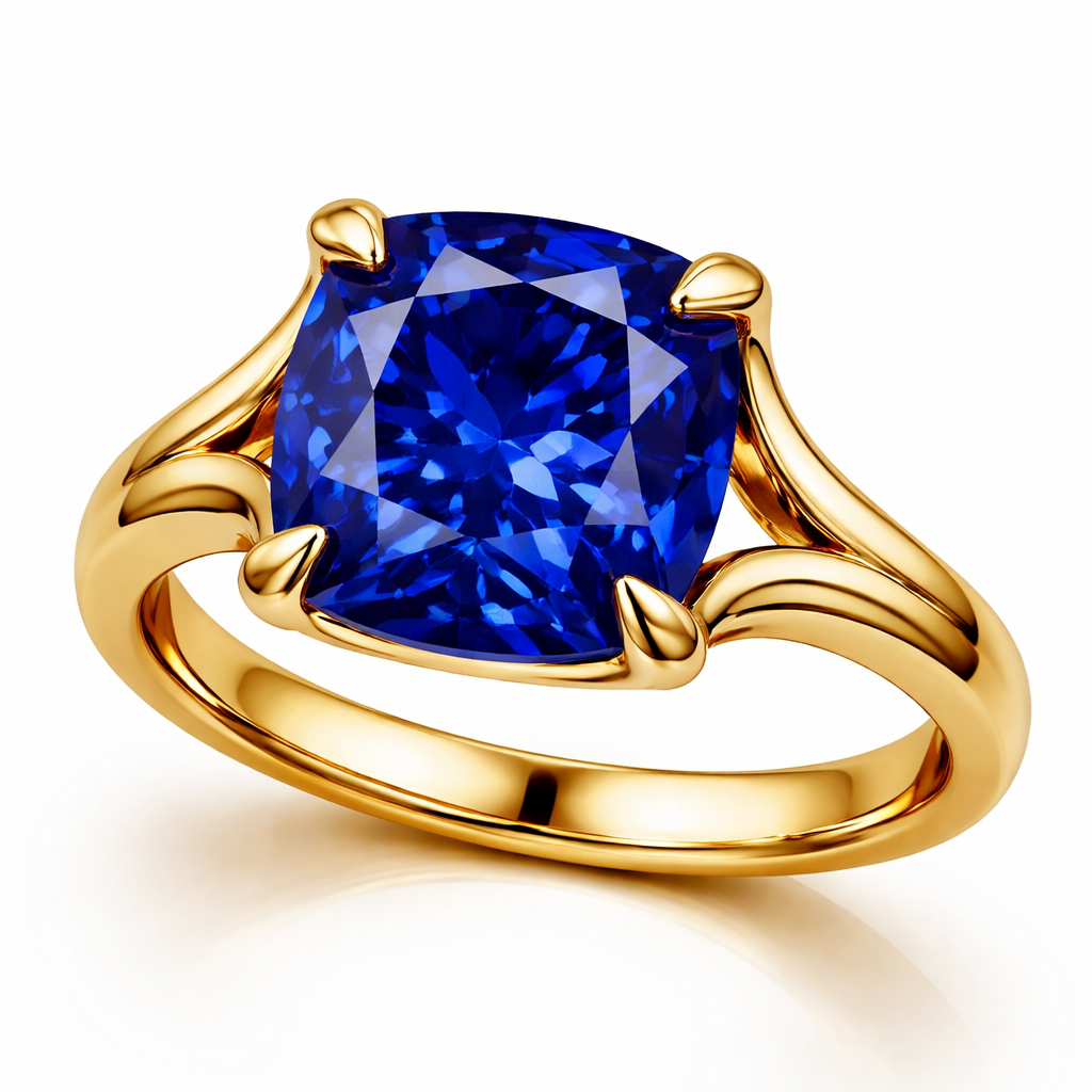 4 carat cushion sapphire royal blue ring in any design in yellow gold only and with no additional diamonds, something sexy, provocative and bright , something for a young woman that knows what she wants and everyone envy’s her , show me picture without finger just ring. Something like very fashionable