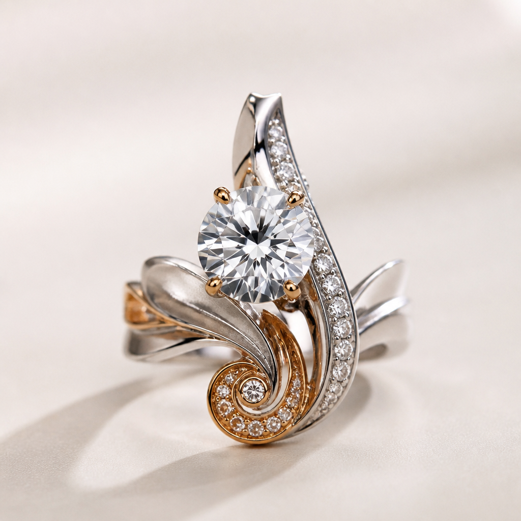 A avant-garde women's ring made of mixed metal with diamond stones suitable for festival. An extraordinary excellent beautiful delicate and elegant solitaire women ring. Face of the ring.
photorealistic jewelry design, A avant-garde women's ring made of mixed metal with diamond stones suitable for festival. An extraordinary excellent beautiful delicate and elegant solitaire women ring. Face of the ring., avant_garde style, just the design no text