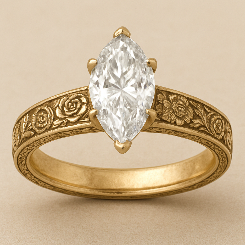 gold engagement ring with marquise cut diamond 2ct and cathedral setting. band same width all the way around and has roses, carnation, and vintage look